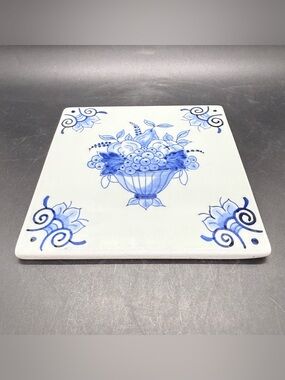 Vintage Royal Delft De Porceleyne Fles Porcelain Tile Fruit Basket Blue White 5"
